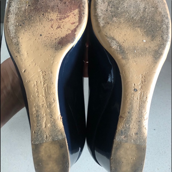 Salvatore Ferragamo Blue Patent Leather Sissi Bow Peep Toe Mid Wedge Pumps - Picture 6 of 10